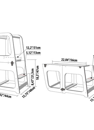 Technische illustratie van witte Transformeerbare Keukentoren met afmetingen in cm en inch.