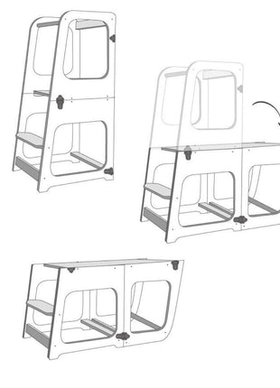 Illustratie van Transformeerbare Keukentoren in wit tijdens transformatie van toren naar tafel.