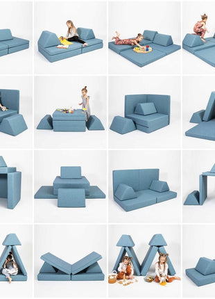 Collage van de Monboxy Montessori speelbank in turquoise met verschillende creatieve speelopstellingen – multifunctioneel Montessori-meubel.