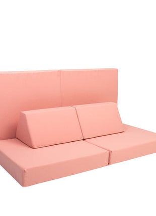 Zalmroze Montessori speelbank van Monboxy in neutrale bankopstelling op witte achtergrond – toont veelzijdigheid van het ontwerp.