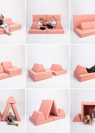 Collage van negen creatieve speelvormen van de Monboxy Montessori speelbank in zalmroze – geschikt voor alle leeftijden.