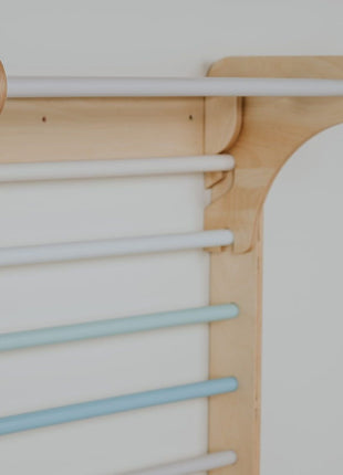 Detail van Zweeds klimwand systeem pastel met houten zijpaneel en gekleurde sporten