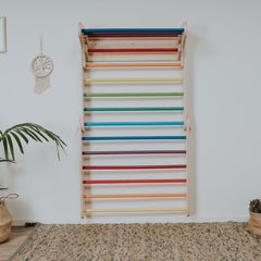 Zweeds klimwand systeem regenboog recht gemonteerd aan muur met rood gele groene en blauwe sporten
