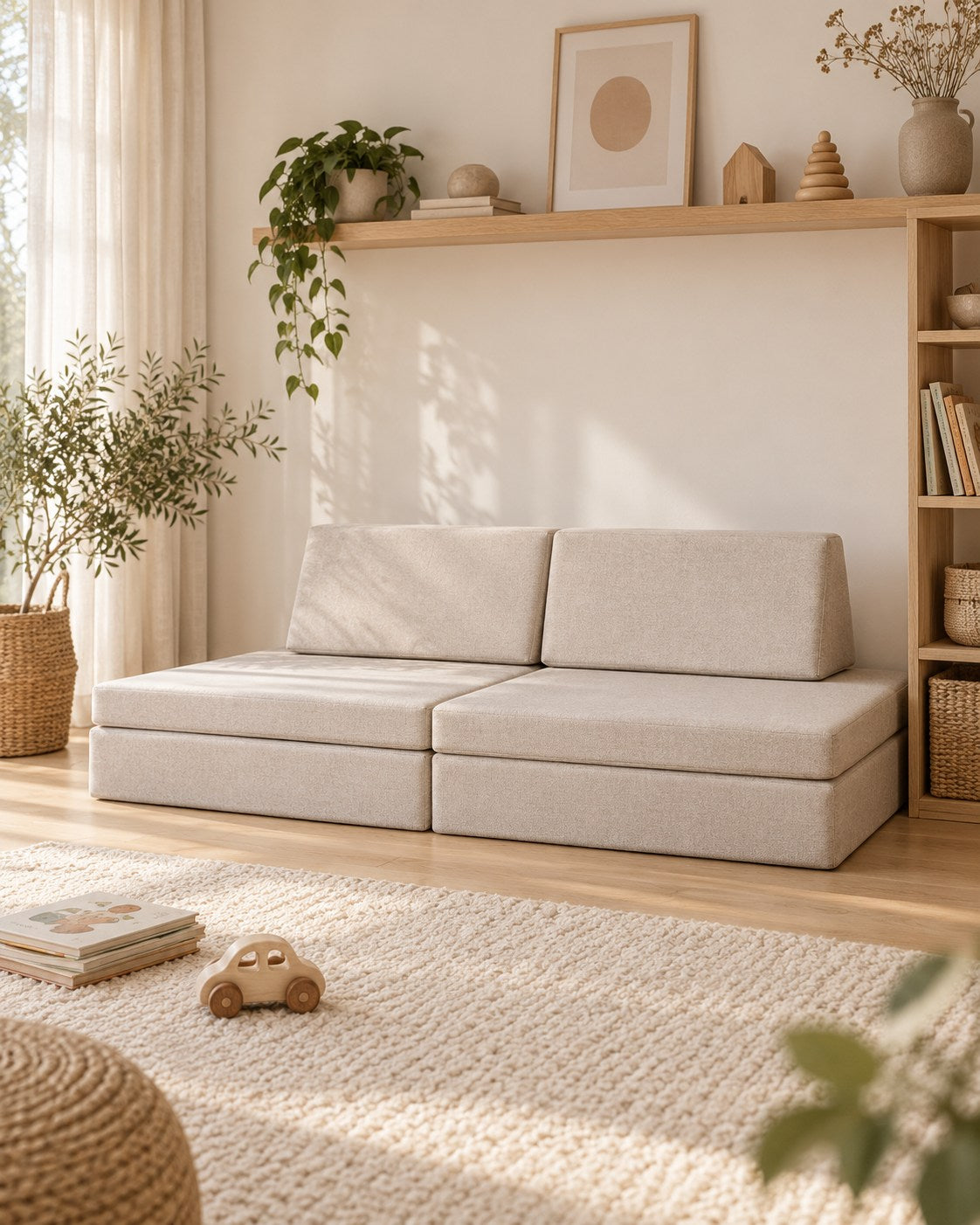 Een beige speelbank in een leeshoek met houten meubels.